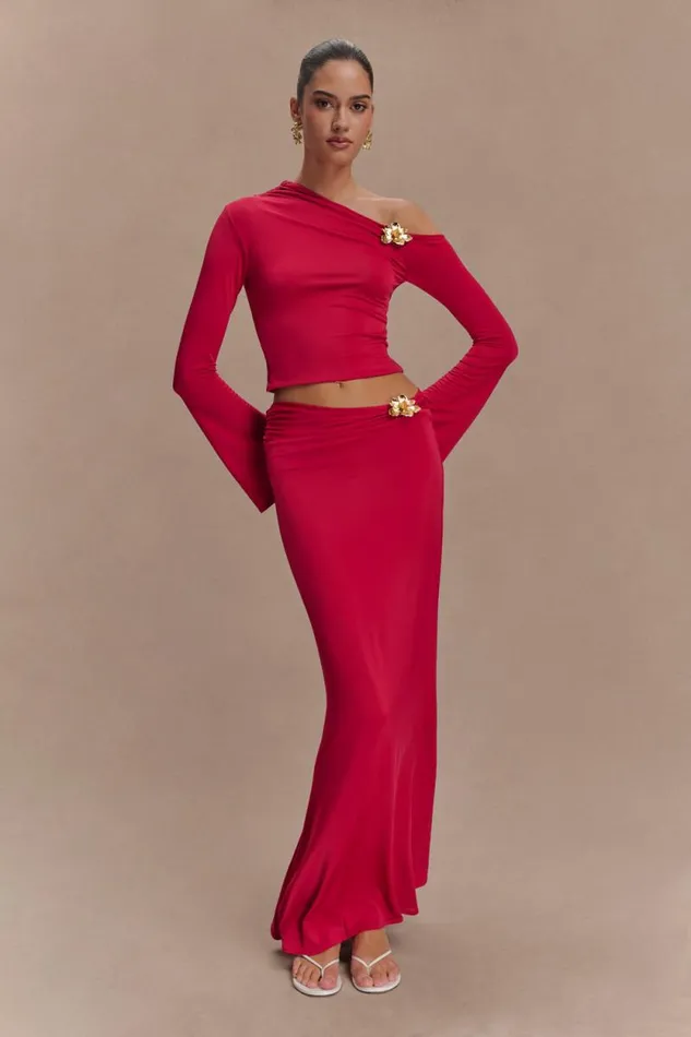 Women Meshki Bottoms Ainsley Asymmetrical Maxi Skirt With Floral Hardware 8211 Fuchsia Pink