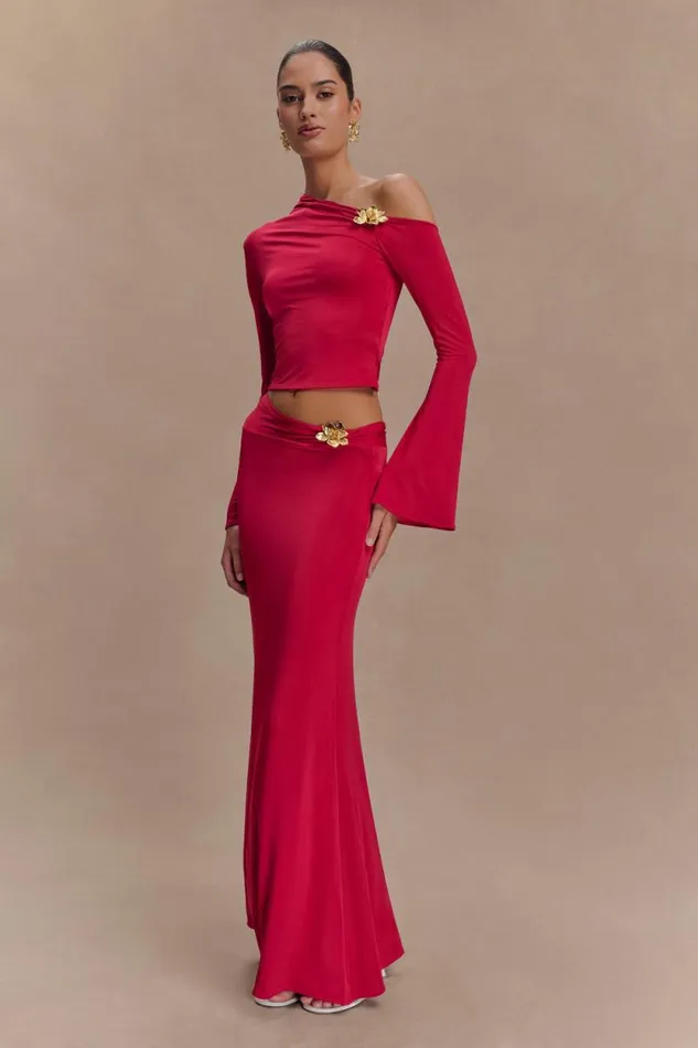 Women Meshki Bottoms Ainsley Asymmetrical Maxi Skirt With Floral Hardware 8211 Fuchsia Pink