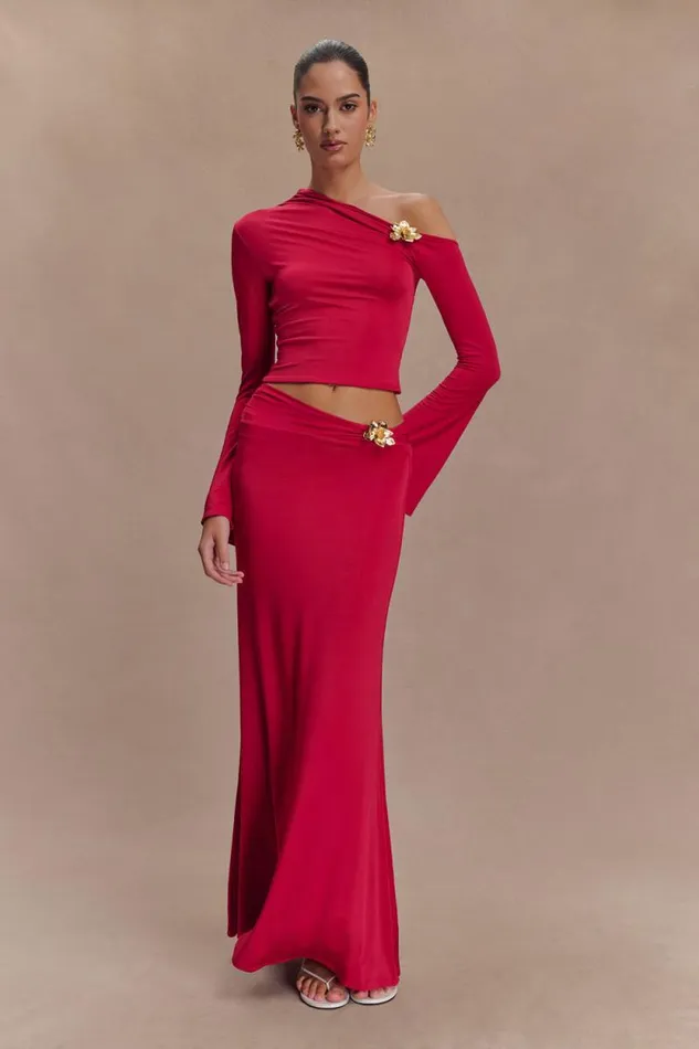 Women Meshki Bottoms Ainsley Asymmetrical Maxi Skirt With Floral Hardware 8211 Fuchsia Pink