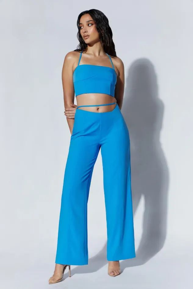 Women Meshki Bottoms Bahar Mid Rise Wide Leg Strap Pant 8211 Azure Blue