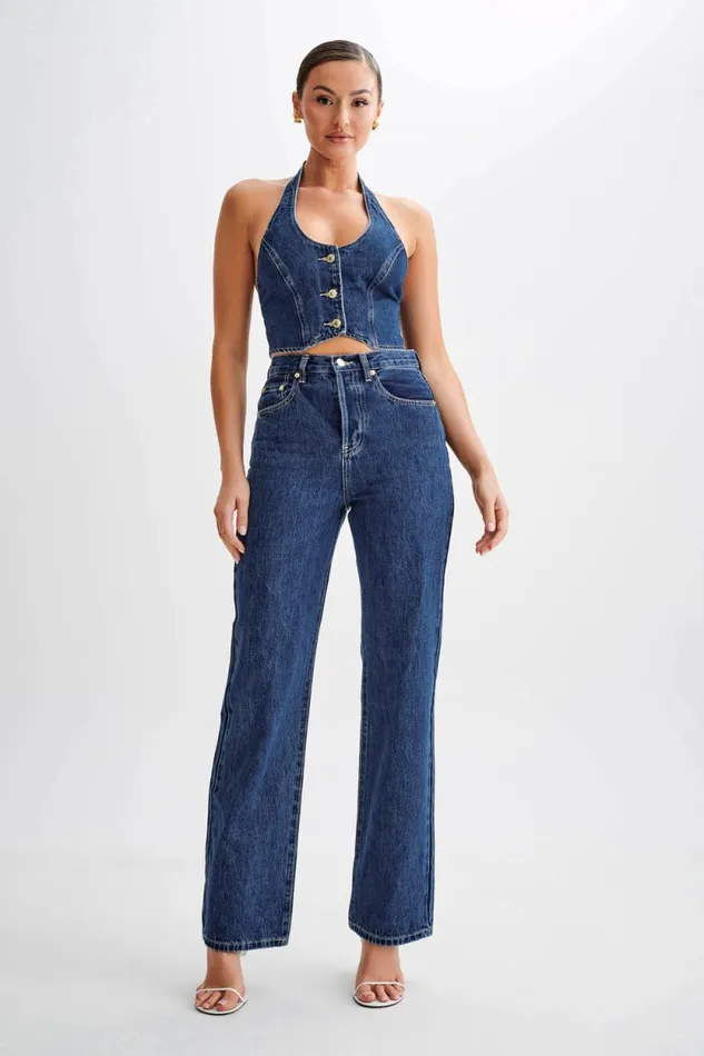 Women Meshki Bottoms Janine High Waisted Straight Leg Jeans 8211 Dark Blue