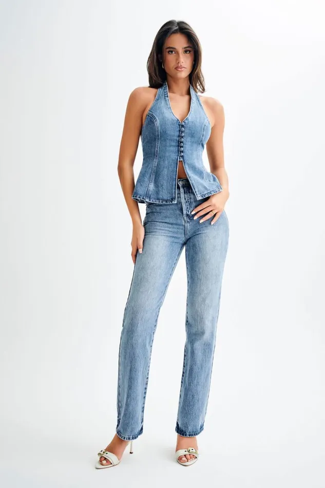 Women Meshki Bottoms Janine High Waisted Straight Leg Jeans 8211 Washed Mid Blue