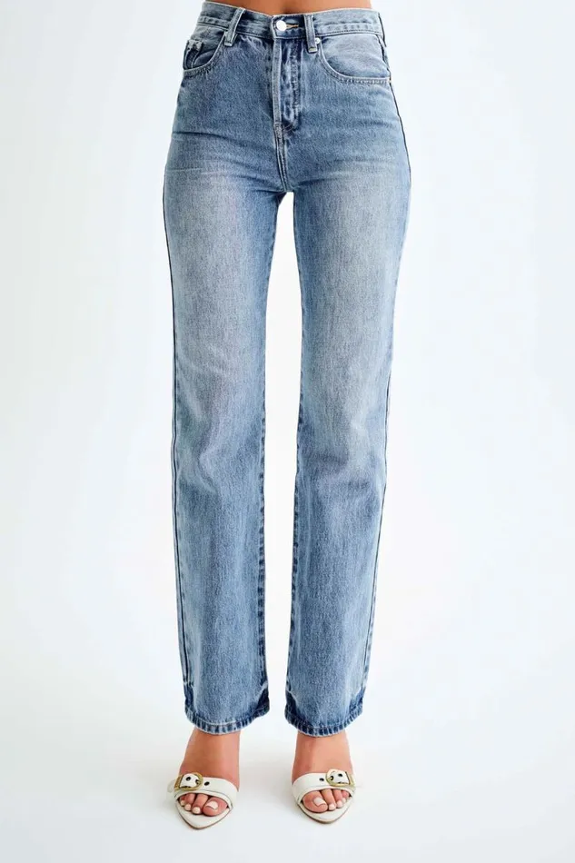 Women Meshki Bottoms Janine High Waisted Straight Leg Jeans 8211 Washed Mid Blue