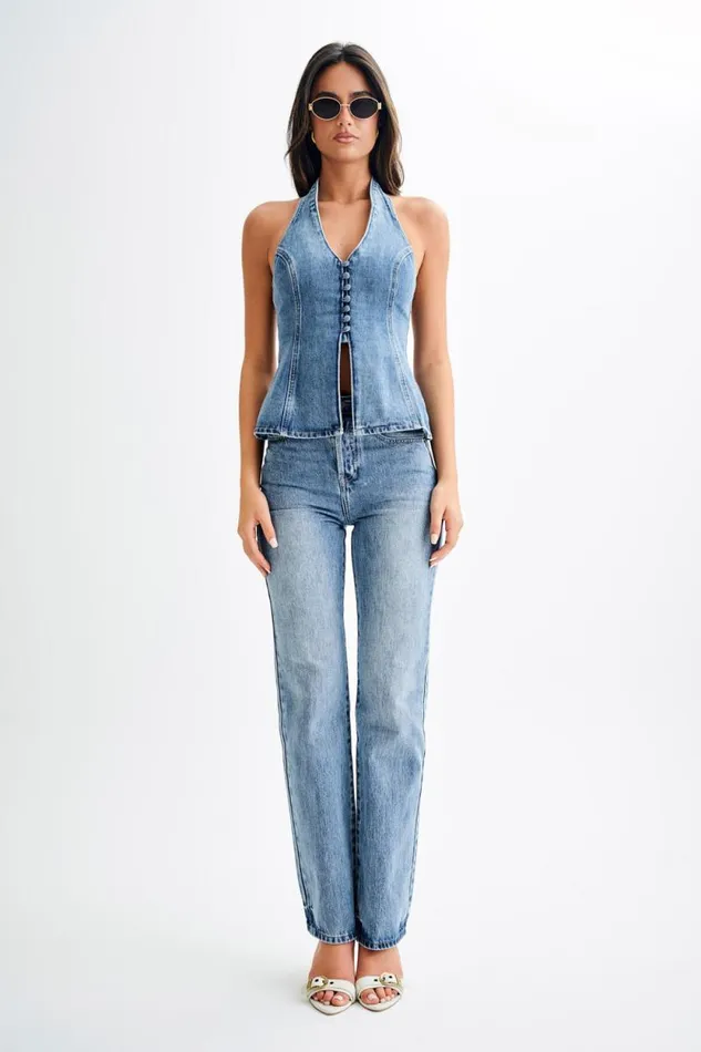 Women Meshki Bottoms Janine High Waisted Straight Leg Jeans 8211 Washed Mid Blue