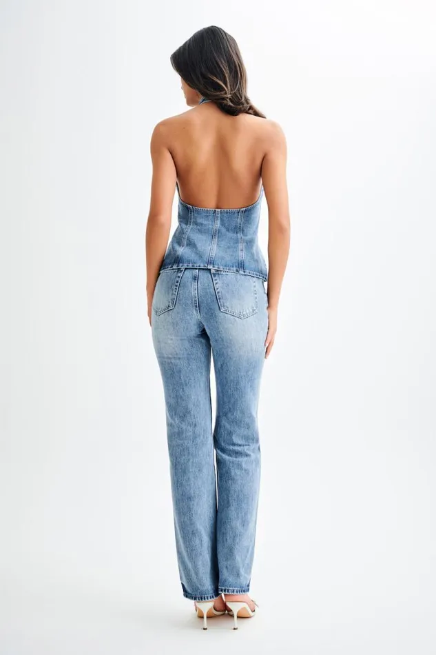 Women Meshki Bottoms Janine High Waisted Straight Leg Jeans 8211 Washed Mid Blue