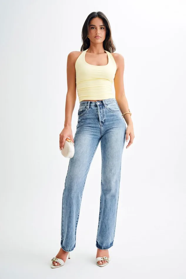 Women Meshki Bottoms Janine High Waisted Straight Leg Jeans 8211 Washed Mid Blue