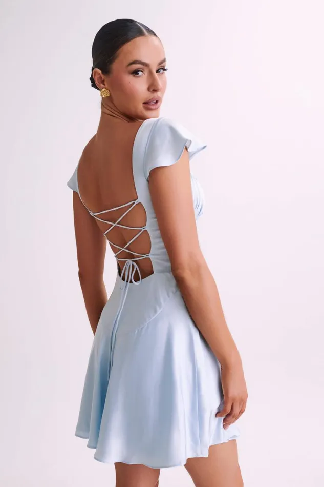 Women Meshki Dresses Carson Ruched Satin Mini Dress 8211 Powder Blue