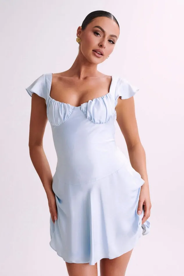 Women Meshki Dresses Carson Ruched Satin Mini Dress 8211 Powder Blue
