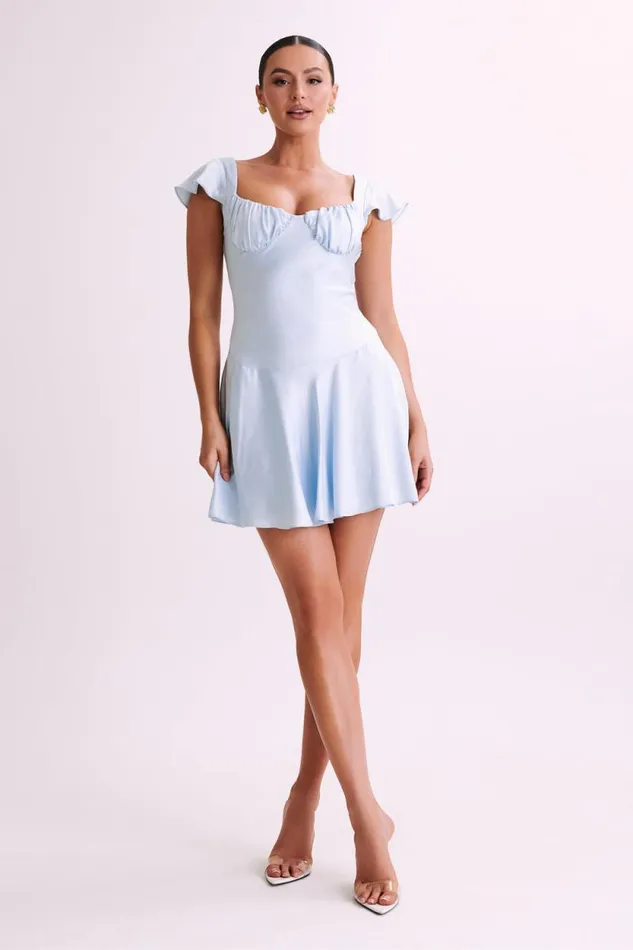 Women Meshki Dresses Carson Ruched Satin Mini Dress 8211 Powder Blue
