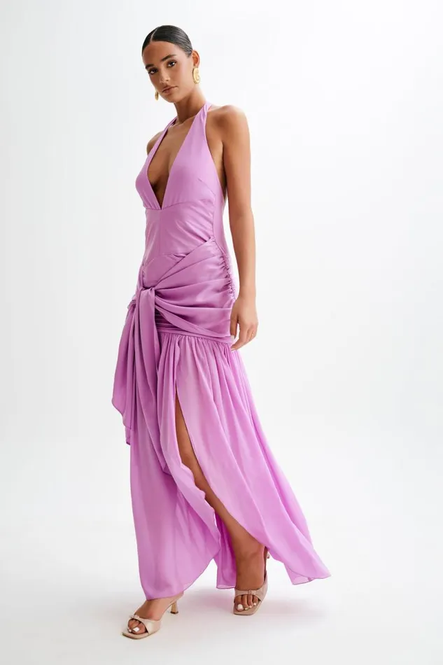 Women Meshki Dresses Graziana Satin Chiffon Plunge Maxi Dress 8211 Violet