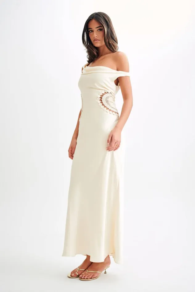 Women Meshki Dresses Kristina Satin Maxi Dress With Crochet 8211 Ivory
