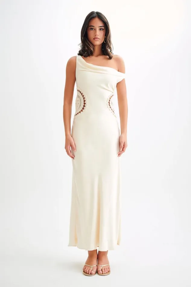 Women Meshki Dresses Kristina Satin Maxi Dress With Crochet 8211 Ivory