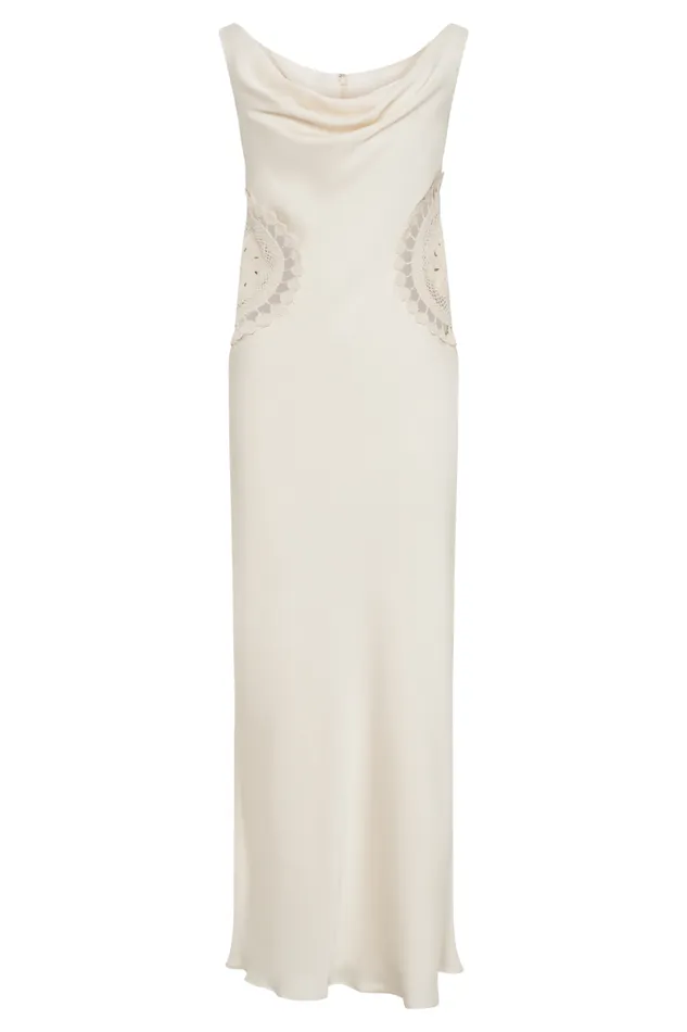 Women Meshki Dresses Kristina Satin Maxi Dress With Crochet 8211 Ivory