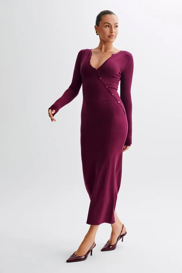 Women Meshki Dresses Maria Long Sleeve Buttoned Knit Maxi Dress 8211 Plum
