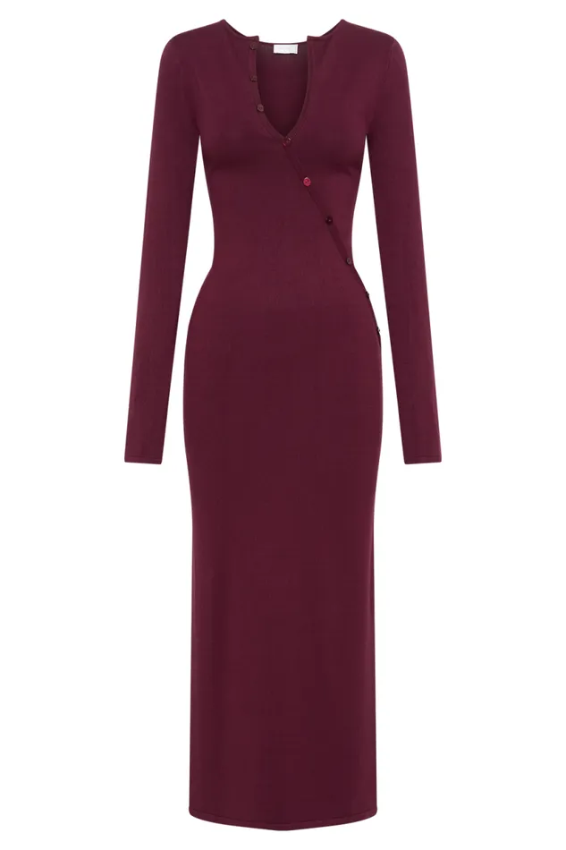 Women Meshki Dresses Maria Long Sleeve Buttoned Knit Maxi Dress 8211 Plum