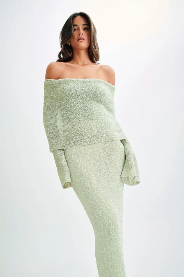 Women Meshki Dresses Marisol Off Shoulder Boucle Maxi Dress 8211 Pastel Green