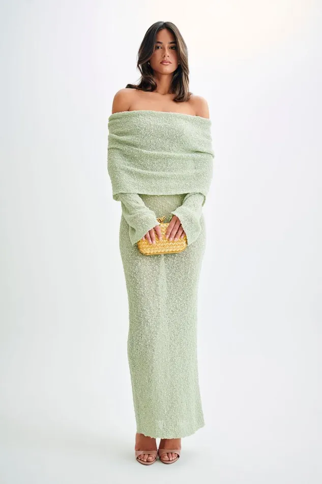 Women Meshki Dresses Marisol Off Shoulder Boucle Maxi Dress 8211 Pastel Green
