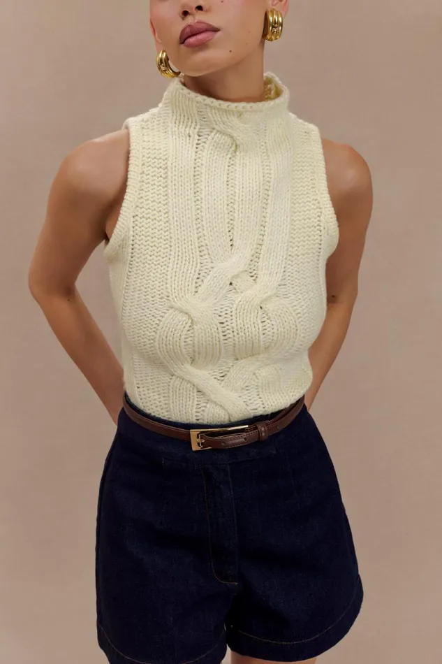 Women Meshki Dresses Roberta High Neck Cable Knit Top 8211 Ivory