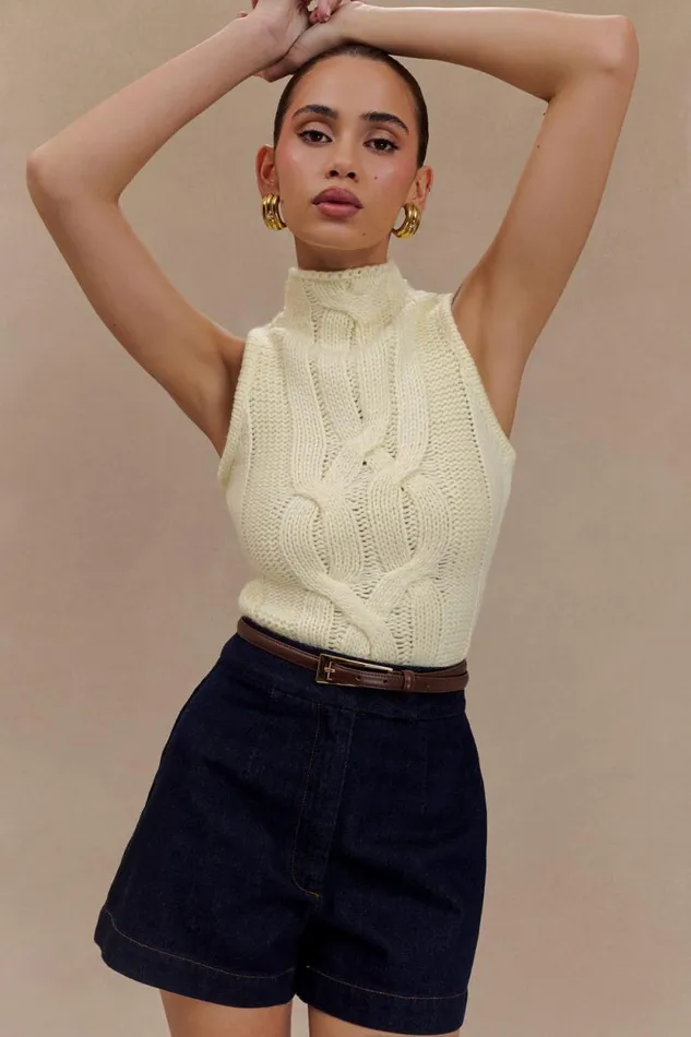 Women Meshki Dresses Roberta High Neck Cable Knit Top 8211 Ivory