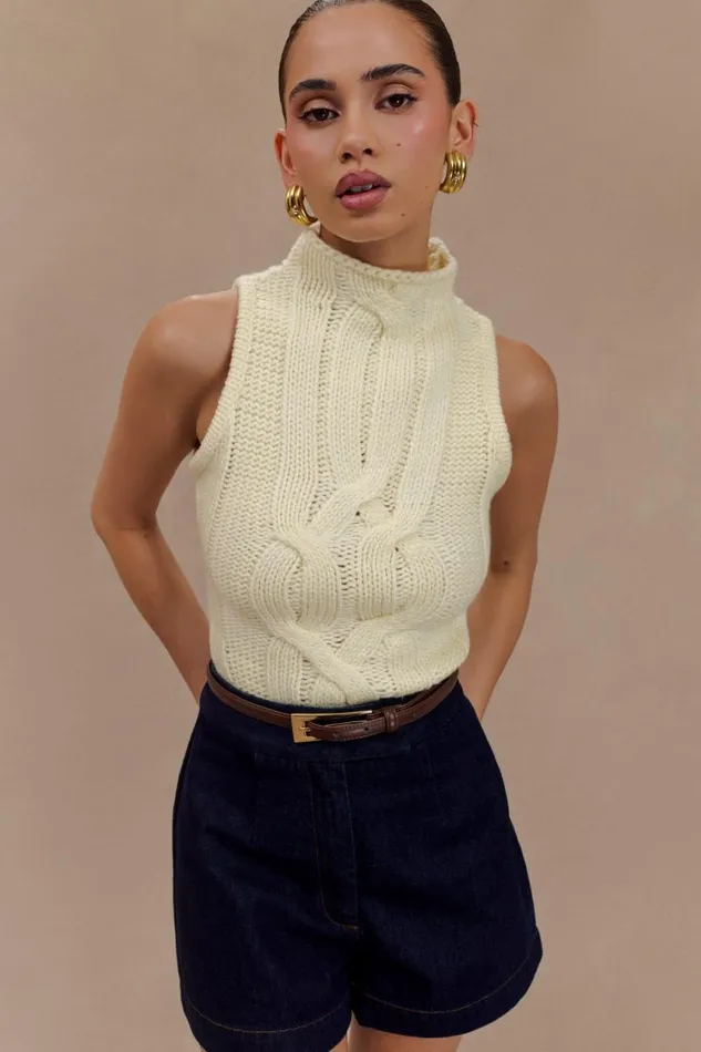 Women Meshki Dresses Roberta High Neck Cable Knit Top 8211 Ivory