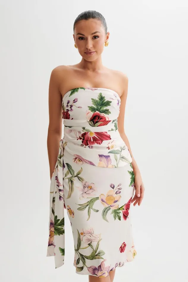 Women Meshki Tops Allegra Satin Ruched Strapless Top 8211 Bella Rosa Print