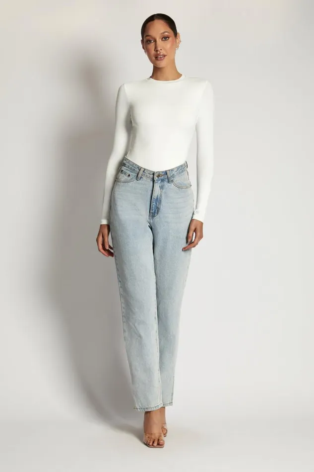 Women Meshki Tops Delilah Long Sleeve Crew Neck Bodysuit 8211 White