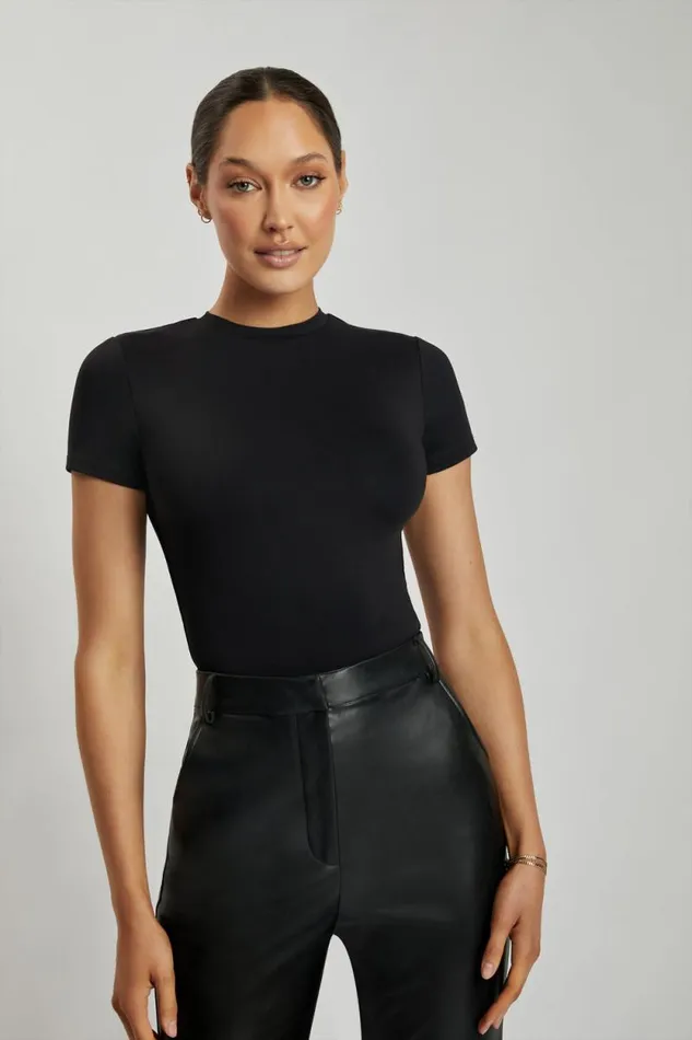 Women Meshki Tops Francesca Crew Neck Short Sleeve Bodysuit 8211 Black
