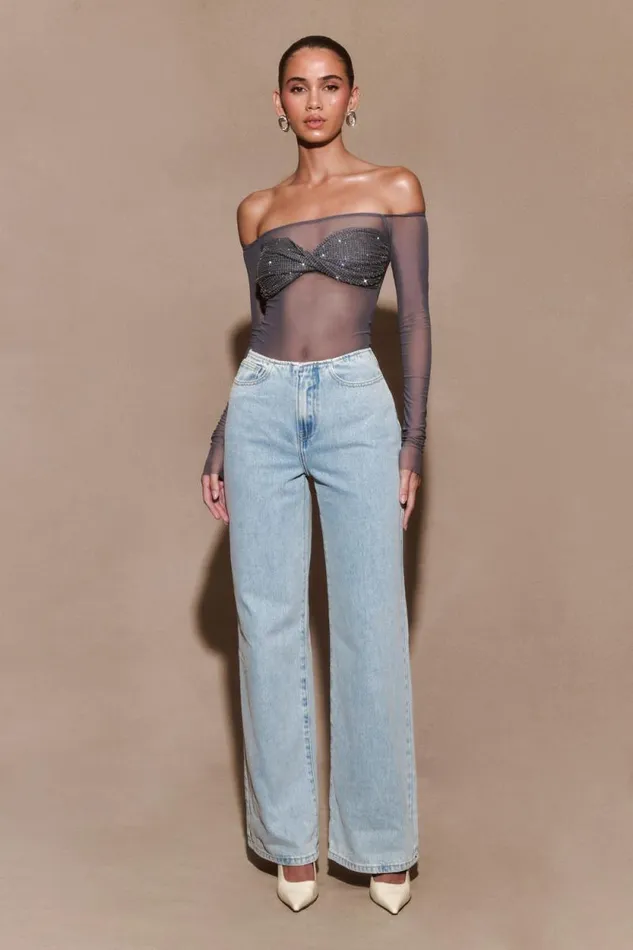 Women Meshki Tops Garcelle Diamante Off Shoulder Top 8211 Gunmetal