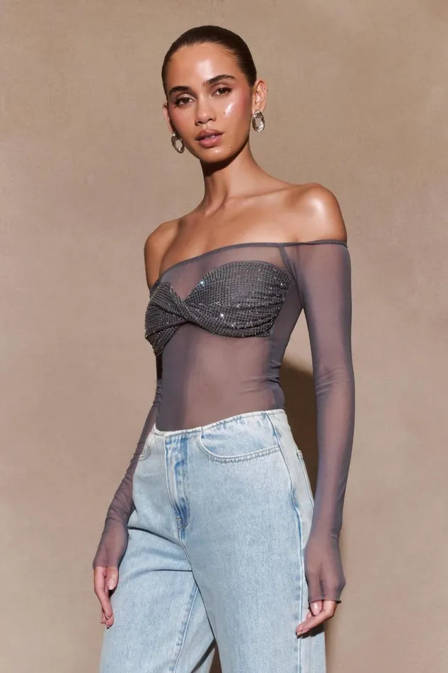 Women Meshki Tops Garcelle Diamante Off Shoulder Top 8211 Gunmetal