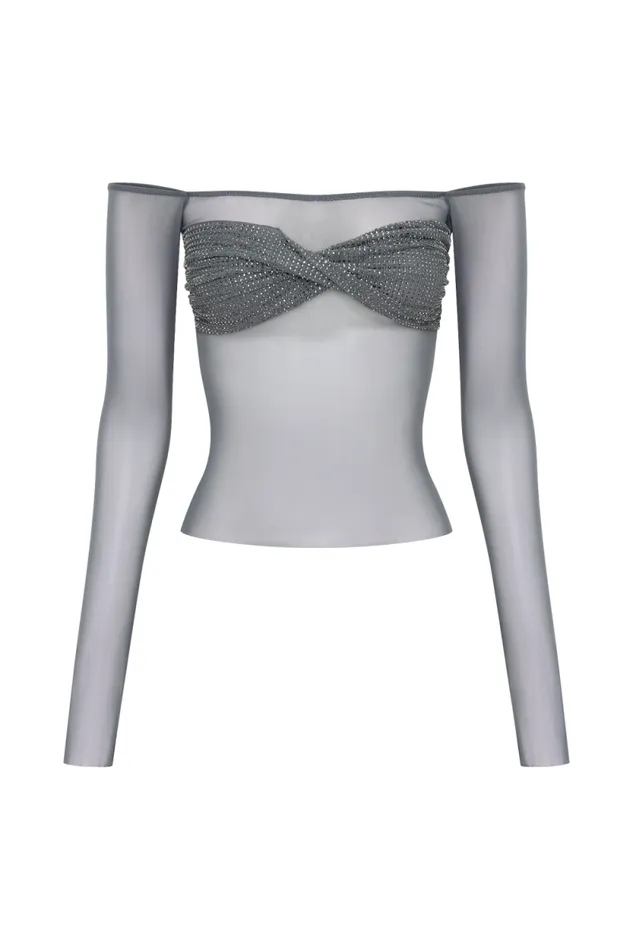Women Meshki Tops Garcelle Diamante Off Shoulder Top 8211 Gunmetal