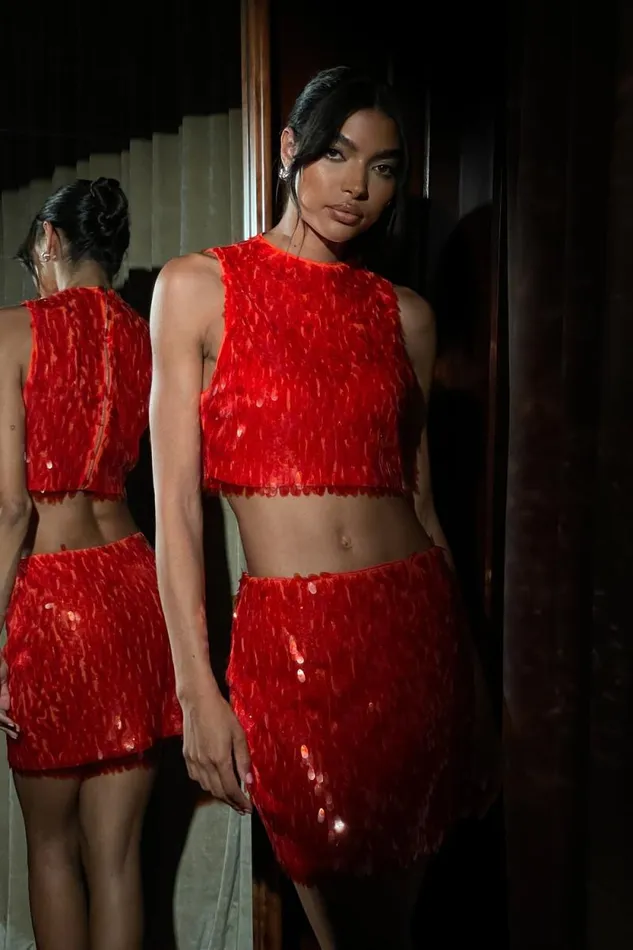 Women Meshki Tops Savannah Sequin Crop Top 8211 Firey Orange