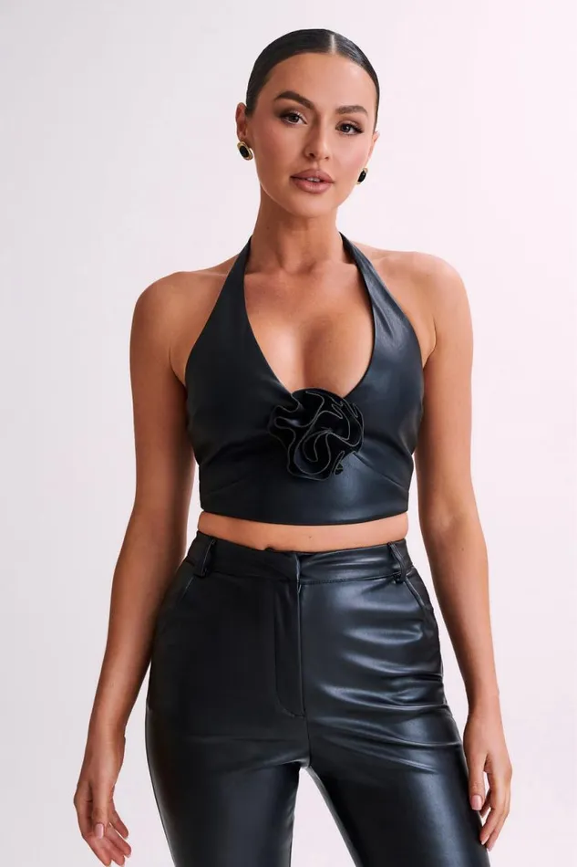 Women Meshki Tops Ursla Faux Leather Rose Halter Top 8211 Black