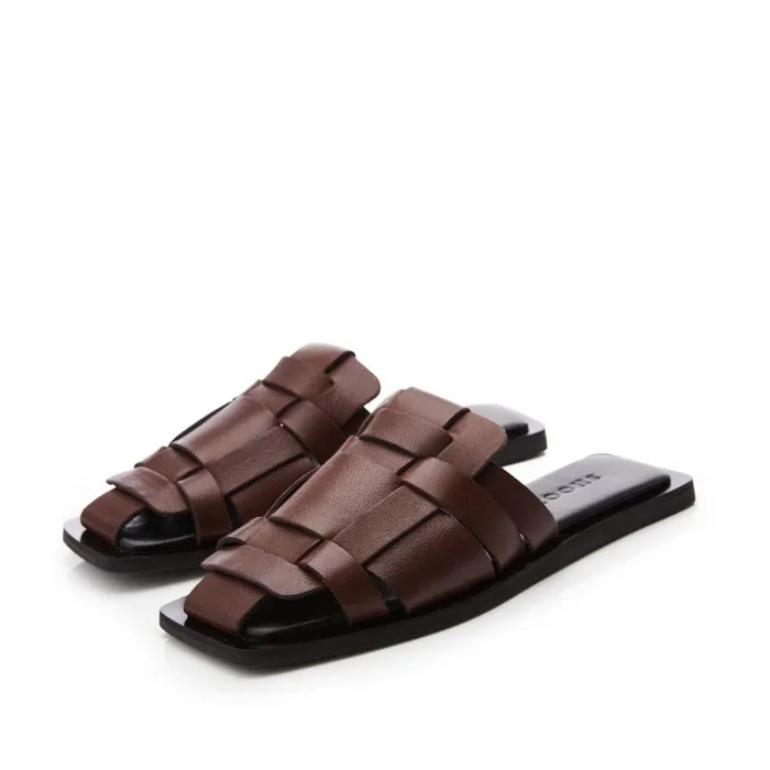 Women Moda In Pelle Flat Sandals Shoon Sh Akari Brown Leather Women Moda In Pelle Flat Sandals Shoon Sh Akari Brown Leather