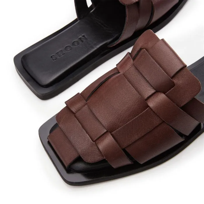 Women Moda In Pelle Flat Sandals Shoon Sh Akari Brown Leather Women Moda In Pelle Flat Sandals Shoon Sh Akari Brown Leather