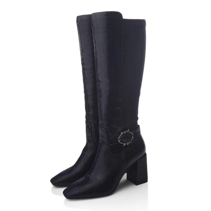 Women Moda In Pelle Knee High Boots Saretta Navy Alcantara