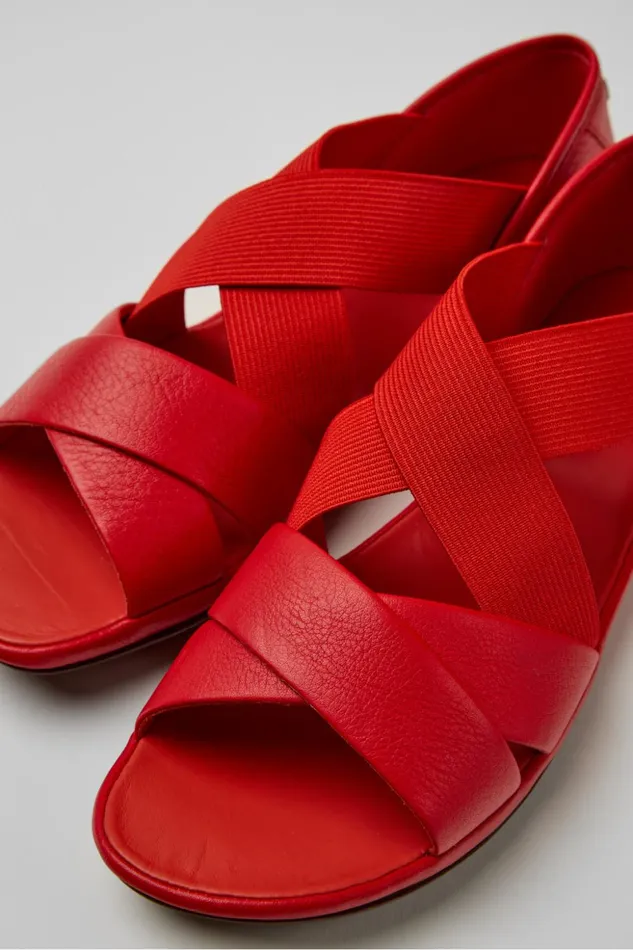 Women Right Red Leather Sandals Camper Flat Shoes