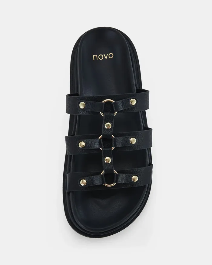 Women SIRACUSA BLACK Flatform Flat Sandals NOVO Shoes