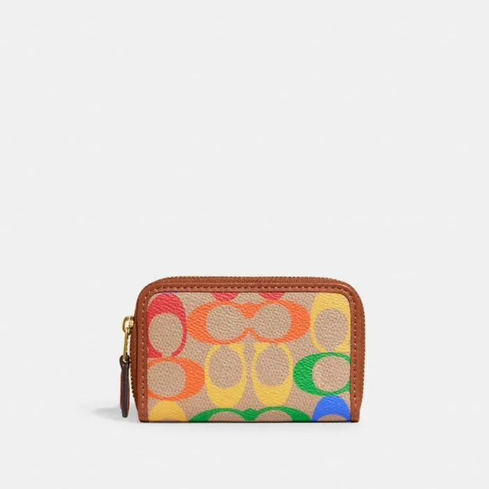 Women Small Wallets Coach Small Zip Around Card Case In Rainbow Signature Canvas Brasstan Natural Multi