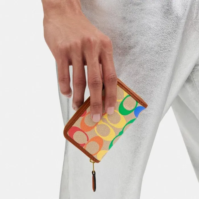Women Small Wallets Coach Small Zip Around Card Case In Rainbow Signature Canvas Brasstan Natural Multi