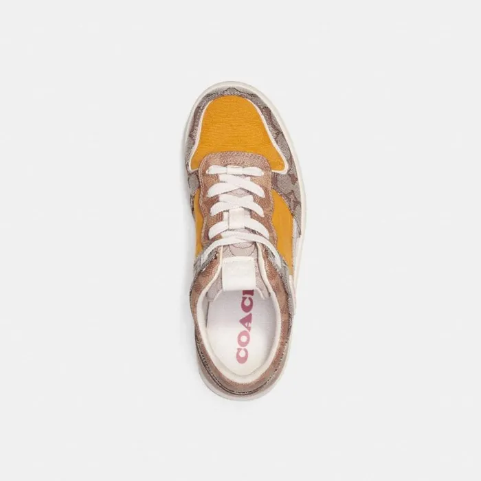Women Sneakers Coach C201 Low Top Sneaker In Mixed Signature Fabric Buttercuptan Women Sneakers Coach C201 Low Top Sneaker In Mixed Signature Fabric Buttercuptan