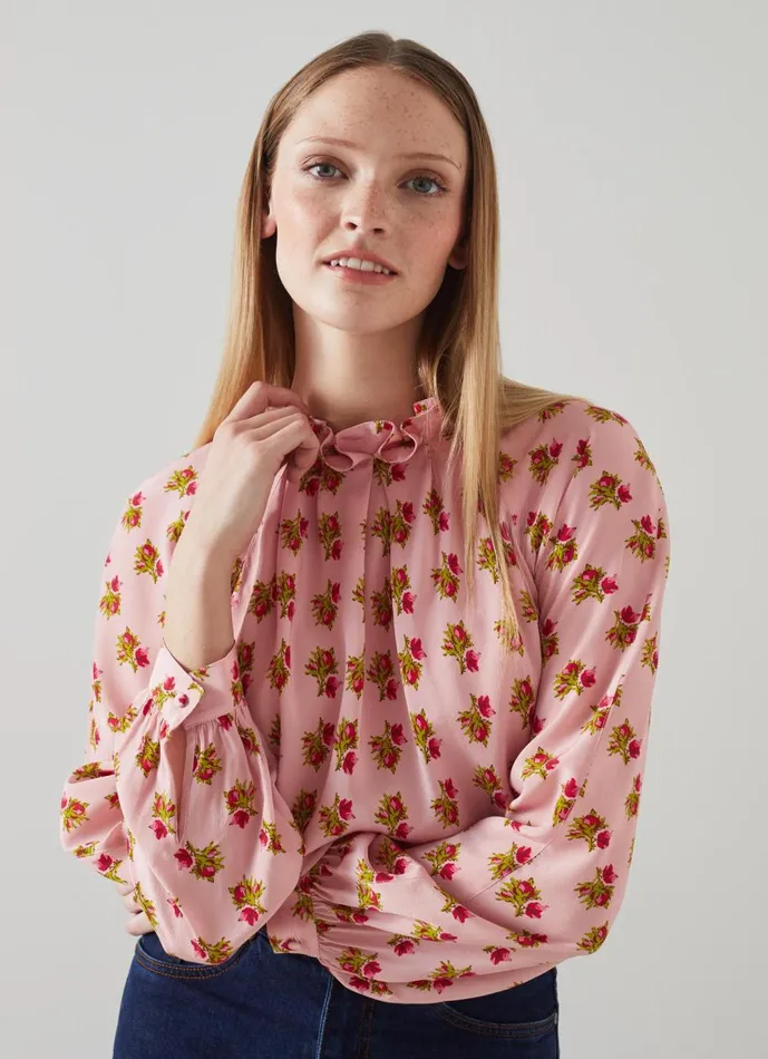 Women Tops LKBennett Edeline Pink And Red Rosebud Print Silk Top Pink